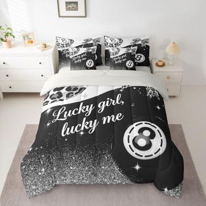 Erosebridal Black Grey Leopard 7 Piece Comforter Set King Size for Kids Boys Girls Fashion Y2K Lucky 8 Ball Bedding Set Cheetah Print Bow Bed in A Bag with Sheets Coquette Aesthetic Preppy Bed Set