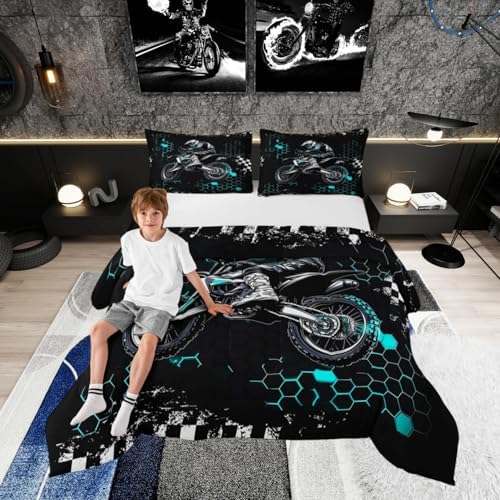 Castle Fairy Motocross Rider Bedding Set King Size,Honeycomb Geometric Abstract Teal Comforter Set for Adult Women Bedroom,Extreme Sport Games Ultra Soft Bedding Set with 2 Pillowcases,3Pcs