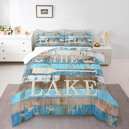 Manfei Lake Camper Comforter Set Full Size, Rustic Farmhouse Style Quilt Set with 2 Pillowcases, Blue Wooden Stripe Print Bedding Set 3pcs for Kids Boys Teens Bedroom Decor, Plank Duvet Set