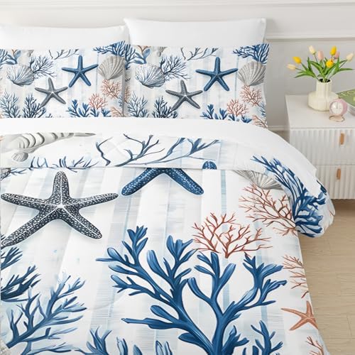 QOOMO Coastal 7 Pieces Comforter Set Twin Size,Coral Starfish Bedding Set