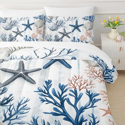 QOOMO Coastal 7 Pieces Comforter Set Twin Size,Coral Starfish Bedding Set