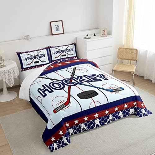 Homewish Ice Hockey Comforter Set Queen Size,Ice Hockey Player Bedding Set for Kids Boys Girls Bedroom Decoration,Sports Gaming Bed Duvet Insert,Hockey Pucks Comforter with 2 Pillowcase