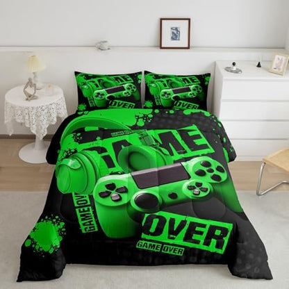 Gamer Comforter Sets for Boys Teens Gaming Comforter Twin Size Kids Youth Video Game Comforter Set Green Black Room Decor Headphone Gamepad Bedding Set Reversible Quilt Set for All Season 2Pcs