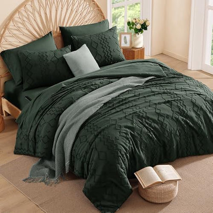 Full Size Comforter Set Dark Green Tufted Boho Geometric Bedding 7 Pieces