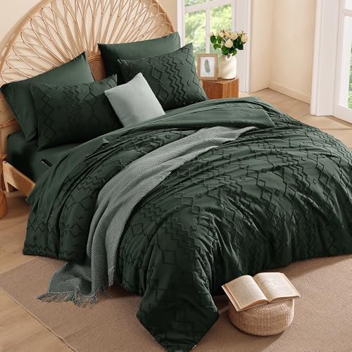 Queen Comforter Set Dark Green Tufted Boho Geometric Bedding Sets 7 Pieces