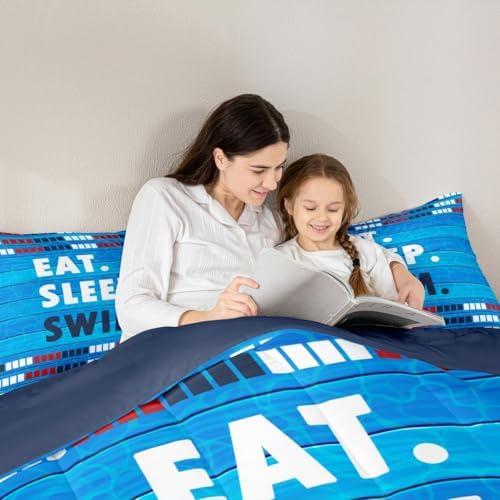 Swimmer Comforter Set Queen Size,Swimming Lover Bedding Sets 3Pcs for Kids Teens Boys Men Room Decor,Swimming Sports Quilted Duvet Swimming Lane Stripes Dark Blue Down Comforter,2 Pillowcases