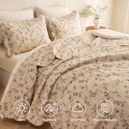 Lady Ann Cotton Quilt Twin Size(68"x86"), Cottagecore Wild Floral Quilted Bedspread, Lightweight Farmhouse Bedding Set （1 Coverlet and 1 Scalloped Edge Pillow Sham