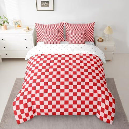 jejeloiu Red Pink Bedding Set 7Pcs Queen Size Kids Checkered Grid Comforter Set with Sheets for Boys Girls Classic Plaid Buffalo Check Bed in a Bag Soft Lightweight,Microfiber