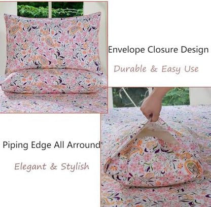 FADFAY Twin XL Sheets Set 4 Piece Pink Paisley College Bedding 100% Egyptian Cotton Dorm Room Bedding, Soft Cooling Breathable Dorm Sheets Extra Long with Deep Pocket Luxury Hotel Quality All Seasons