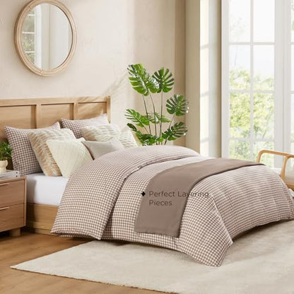 Andency Tan Gingham Duvet Cover King, Brown Checkered Plaid Bedding Set