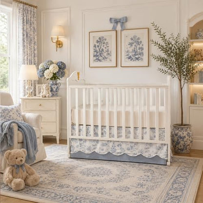 Brandream Scallop Edge Organic Cotton Crib Skirt, Baby Girl, Gender Neutral Crib Skirt Toddler Bedskirt French Country Toile Farmhouse Chic Nursery Crib Bed Skirt 2-Tiered with Solid Blue Skirt