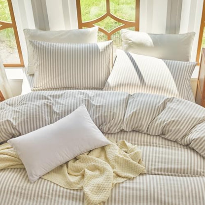 Striped Duvet Cover Set King Size 3 Pcs 100% Washed Cotton Linen Like Textured Natural Wrinkle Comfy Breathable (King, Classic Stripe-Linen Grey/White)