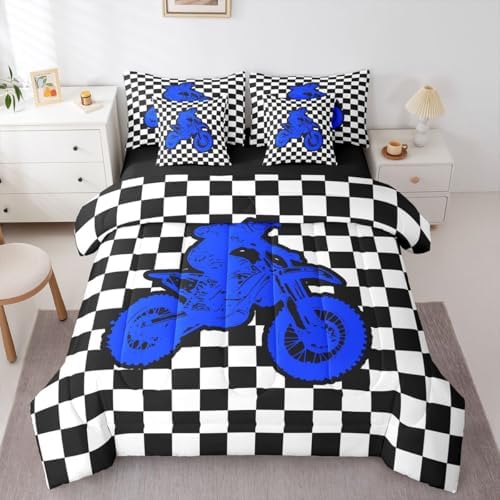 Feelyou Red Motocross Rider King Comforter Set with Sheets for Kids Boys Girls Sporty Rider 7 Pieces Bedding Set Checkered Flag Bed in a Bag Off-Road Racing Room Decor Dirt Bike Soft Lightweight