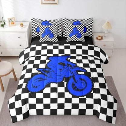 Feelyou Red Motocross Rider King Comforter Set with Sheets for Kids Boys Girls Sporty Rider 7 Pieces Bedding Set Checkered Flag Bed in a Bag Off-Road Racing Room Decor Dirt Bike Soft Lightweight