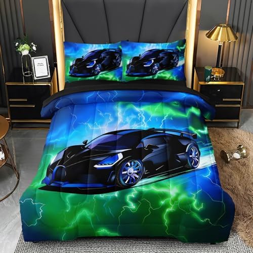 3 Pcs Boys Twin Car Bedding Sets for Teens, Green Blue Lightnings Car Twin Comforter Set for Boys