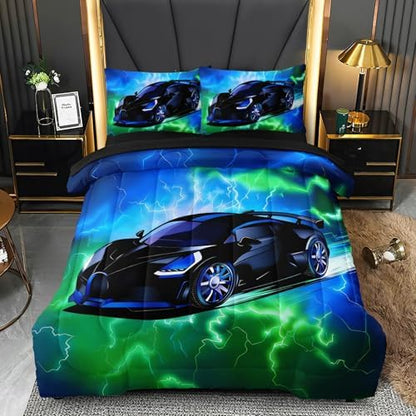 3 Pcs Boys Twin Car Bedding Sets for Teens, Green Blue Lightnings Car Twin Comforter Set for Boys