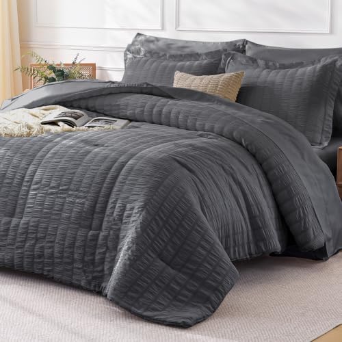 FreshCulture Comforter Set Seersucker 5 Pieces, All Season Bedding Set Twin XL, Bed in a Bag Comforter Set with Comforter, Flat Sheet, Fitted Sheet, Pillowcase and Pillow Sham, Dark Grey