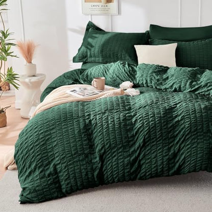 HYMOKEGE Emerald Green California King Comforter Set Seersucker 7 Pieces, All Season Luxury Bed in a Bag for Bedroom, Bedding Set with Comforter, Sheets, Pillowcases & Shams
