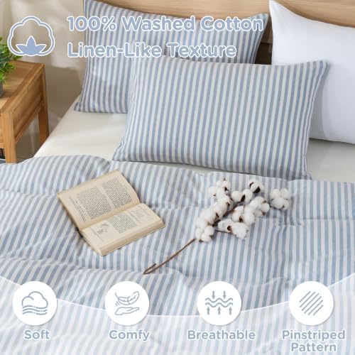 TOCOMOA Blue Striped Duvet Cover Set 100% Washed Cotton Like Linen, Queen