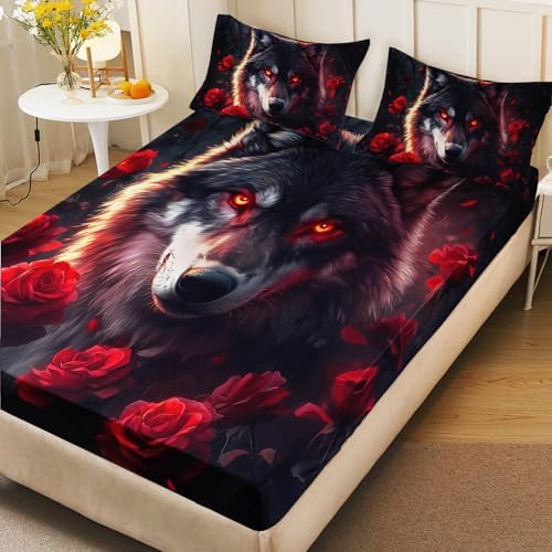 HOSIMA Floral Wolf Bedding Set Full for Teen,1 Fitted Sheet+2 Pillowcases.
