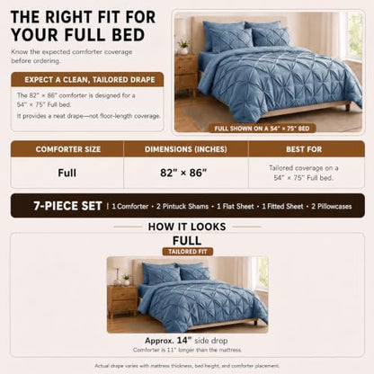 HIMEET Full Size Comforter Set Grayish Blue - 7 Pieces Pintuck Bed in a Bag