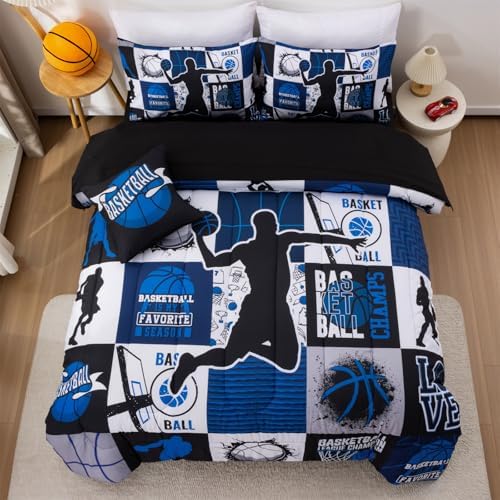 Aimuan Basketball Bedding Set for Boys Kids Teens, Soft Black and Blue Sports Geometric Grid Patchwork Theme Basketball Bedding Sets Queen Size, Blue
