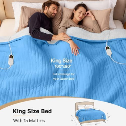 Heated Electric Blanket King Size, Dual Control, 90" x 100", Azure