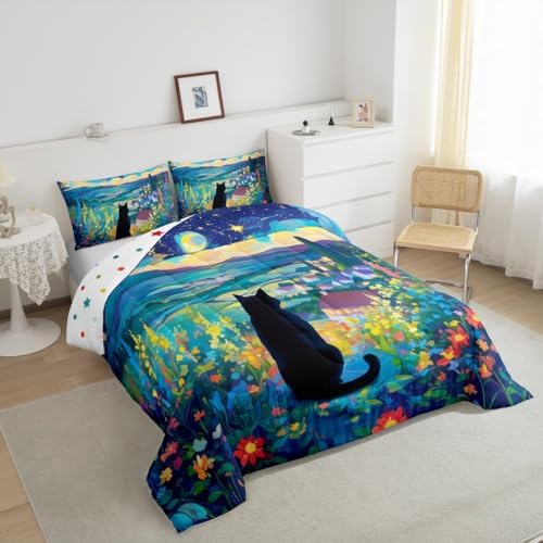Black Cat Flower Comforter Set Queen Size,Star Moon Blossom Floral Bedding Set for Kids Girls Boys Adults Room Decor,Rustic Style Night Scenery Duvet Insert 3Pcs,Wild Animal Quilt Set,2 Pillowcases