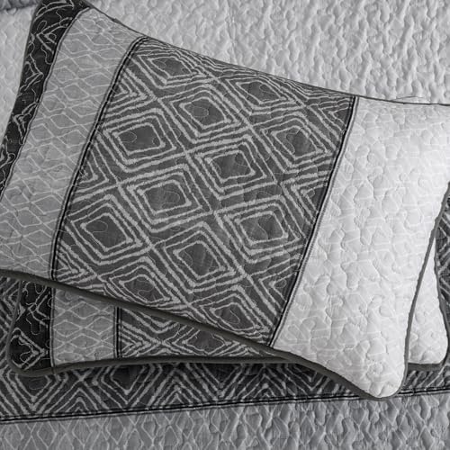 Cottolester Boho Quilt Set Queen Size 3 Pieces,Grey Striped Plaid Bedspread,Soft Microfiber Bedding Set with 2 Pillow Shams 96"x90"