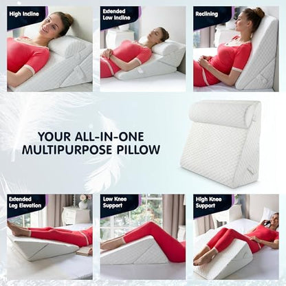 Wedge Pillow for Sleep Apnea, 12 Inch Adjustable Height Bed Wedge Pillow for Headboard, Gerd, Acid Reflux Relief, Snoring, and Post Surgery Recovery (White, Large - with Headrest)