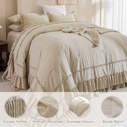 Masaca 120x120 Oversized Comforter King Size,Farmhouse Shabby Boho Chic Ruffle California King Bed Comforter Set French Country Rustic Bedding 3PCS (1 Ruffled Comforter+2 Pillow Shams)