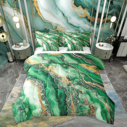 Erosebridal Marble Texture Bedding Set for Kids Teens,Green Golden Marble Grain Comforter Set Full Size,Tie Dye (Comforter+Fitted+Flat Sheet+2 Pillowcases+2 Throw Pillow Covers) 7 Pieces Bed Set