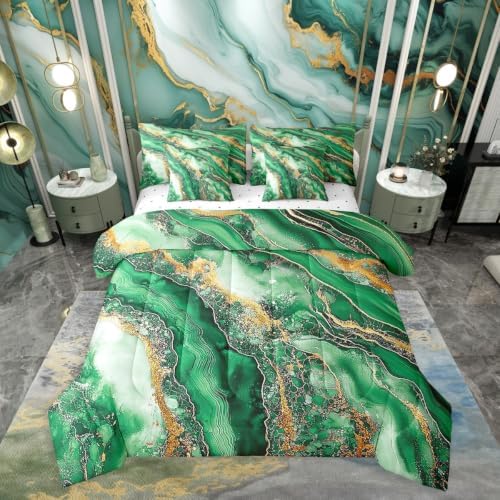 Erosebridal Marble Texture Bedding Set for Kids Teens,Green Golden Marble Grain Comforter Set Twin Size,Tie Dye (Comforter+Fitted+Flat Sheet+2 Pillowcases+2 Throw Pillow Covers) 7 Pieces Bed Set