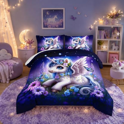 HOSIMA Starry Print Unicorn Queen Comforter for Kids with 2 Pillowcases.