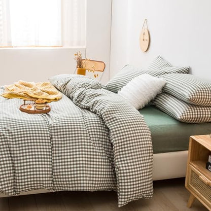 mixinni Green Gingham Comforter Set California King, Plaid Comforter Set 3 Pieces 1 Green Grid Comfoter with 2 Pillow Cases for All Seasons, Soft Fluffy Modern Grid Pattern Printed Bedding