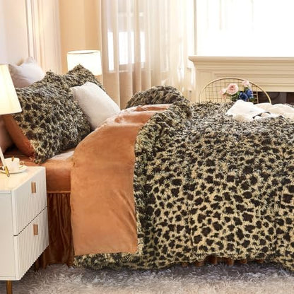 Andency Cheetah Print Brown King Size Comforter Set, Fluffy Bedding Set