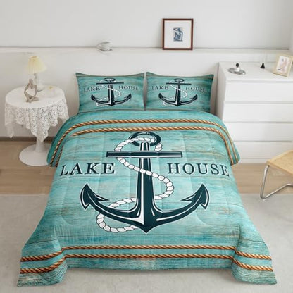 Manfei Anchor Comforter Set King Size, Nautical Theme Blue Wooden Plank Down Comforter with 2 Pillowcases, Lake House Bedding Set 3pcs for Kids Boys Teen Bedroom Decor Lightweight Duvet Insert