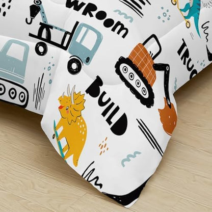 Boys Excavator Comforter Set Twin,Cartoon Bedding Set,Construction Comforter Set for Teen,Dinosaur Truck Quilt Set, Equipment Trucks Print White Bedding Set