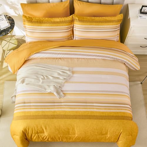 Dobuyly Yellow Comforter Set King Size 7 Piece, Boho Striped Bed in a Bag King Soft Microfiber Bedding Sets with Comforter, Sheets, Pillowcases & Shams All Season