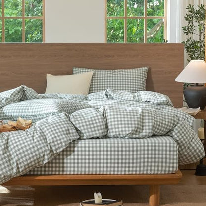 MooMee Gingham Duvet Cover Set 100% Washed Cotton Linen Like