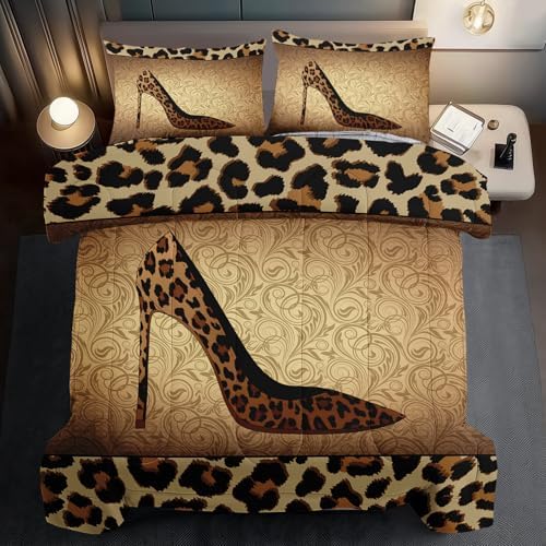 Leopard Comforter Set Twin Girls,Sexy High Heel Comforter for Women,Leopard Print Bedding Set Twin Adult,High Heel Quilt Bedroom Decor,African Animal Print Bedding Quilt