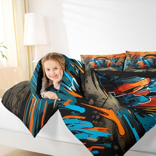 Erosebridal Gaming Headset Comforter Set Graffiti Gamer King Bedding Set for Adult Men Doodle Style Comforter Gaming Headphones Duvet Insert