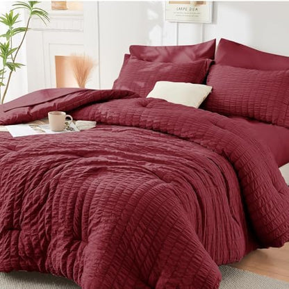 HYMOKEGE Burgundy Oversized Queen Comforter Set Seersucker 7 Pieces, All Season Luxury Bed in a Bag for Bedroom, Bedding Set with Comforter, Sheets, Pillowcases & Shams