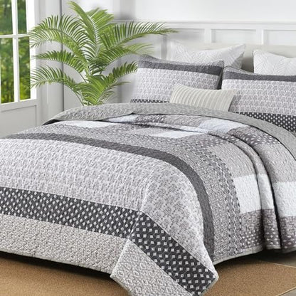 WONGS BEDDING Grey Quilt King Size, Boho Striped Patchwork Bedspread