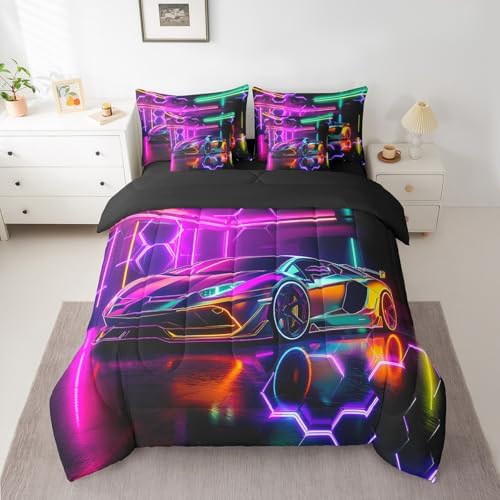 Feelyou Colorful Race Car Comforter Set with Sheets Full Size Kids Speed Sports Car Honeycomb 7 Pieces Bedding Set for Boys Girls Teens Racing Car Bed in a Bag Breathable Extreme Sports Bed Set