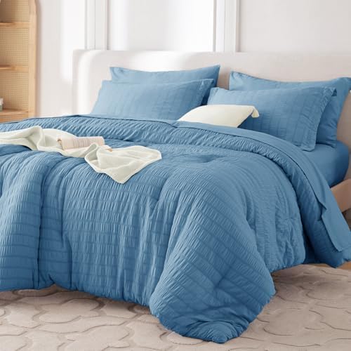 MUXHOMO 7 Pieces California King Comforter Set, Seersucker Bed in a Bag Cal King Size, All Season Luxury Bedding Set with Comforter, Flat Sheet, Fitted Sheet, Pillowcases & Shams, Mineral Blue