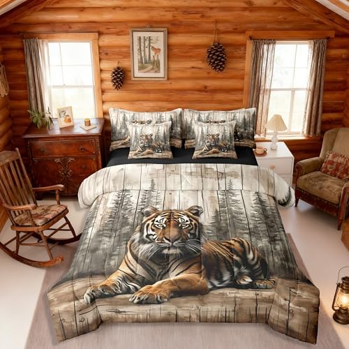 Erosebridal 3D Tiger Full Comforter Set with Sheets 7 Piece Wild Animals Bed in A Bag Natural Hunting Wildlife Bedding Sets for Women Adults Vintage Woodland Forest Bed Set
