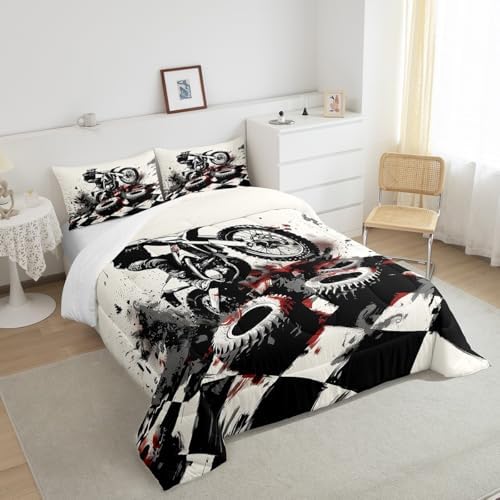 Feelyou Dirt Bike Comforter Set King Size Motorbike Bedding Set Ultra Soft Racing Motocross Rider Comforter for Kids Boys Girls Extreme Sports Duvet Quilt Bedroom Decor Cool Quilt