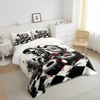 Feelyou Dirt Bike Comforter Set King Size Motorbike Bedding Set Ultra Soft Racing Motocross Rider Comforter for Kids Boys Girls Extreme Sports Duvet Quilt Bedroom Decor Cool Quilt