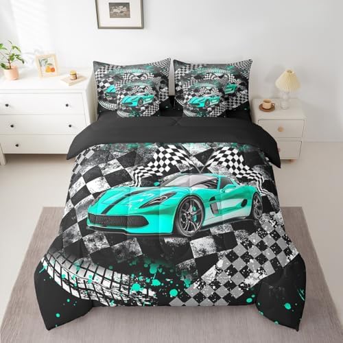 Castle Fairy Racing Car Comforter Set Bed in a Bag 7 Pieces Full,Boys Men Speed Sport Bedding Set,Vintage Abstract Geometric Track (Comforter+Fitted+Flat Sheet+2 Pillowcases+2 Throw Pillow Covers)